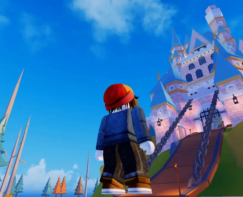 Screenshot from Roblox featuring a character looking upward toward a castle against a blue sky