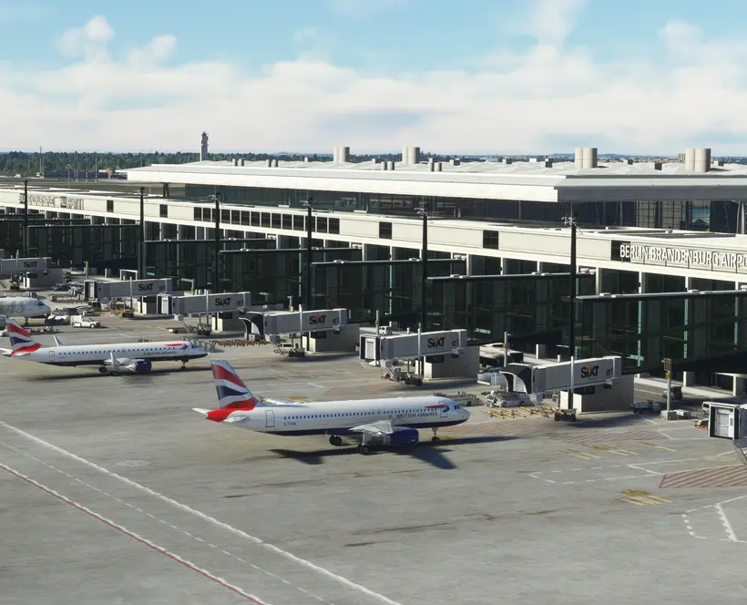 A screen capture of a hyper-realistic flight simulator showing the Berlin Brandenburg Airport on a sunny day