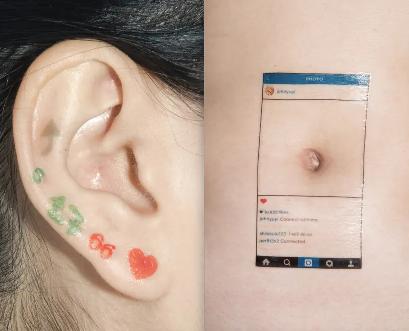 Two close up images: (1) an ear with various emojis hand drawn along the lobe; (2) belly button framed with a hand drawn instagram border
