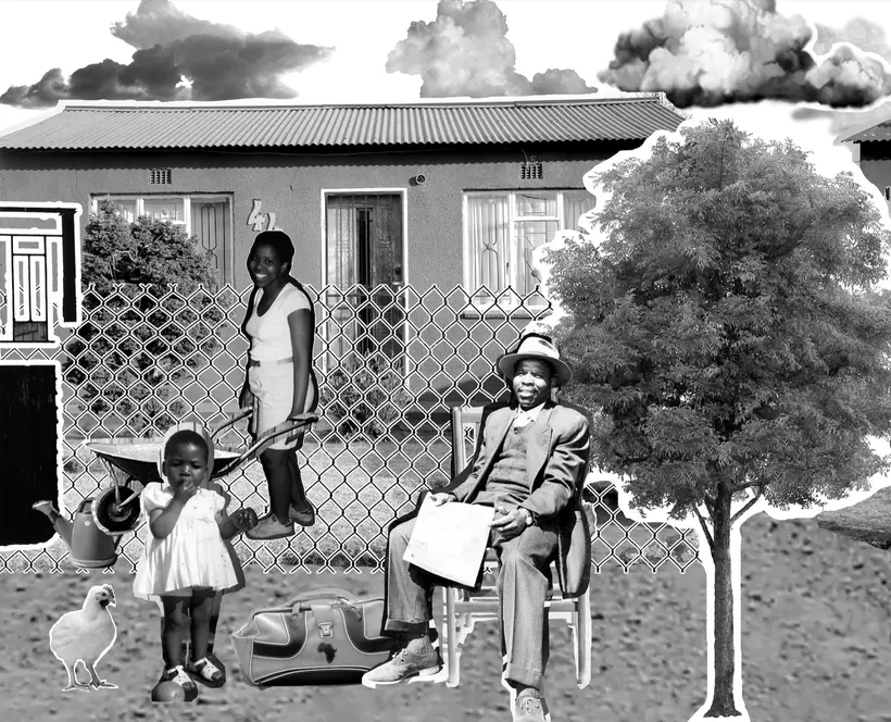 Black and white collage image of two women, one of whom is carrying a baby, a man and a small child, a tree, a streetlamp and a door in front of three houses