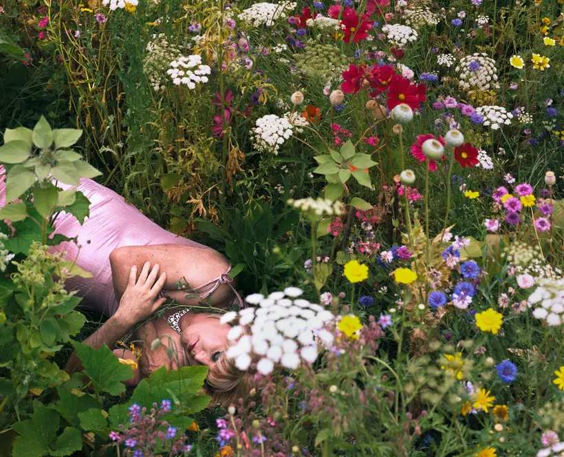 Colour photograph of a person laying down in a garden wearing a pink dress and surrounded by wild flowers