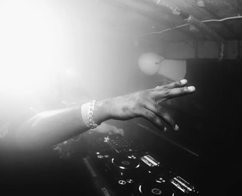 black and white image of DJ set. 