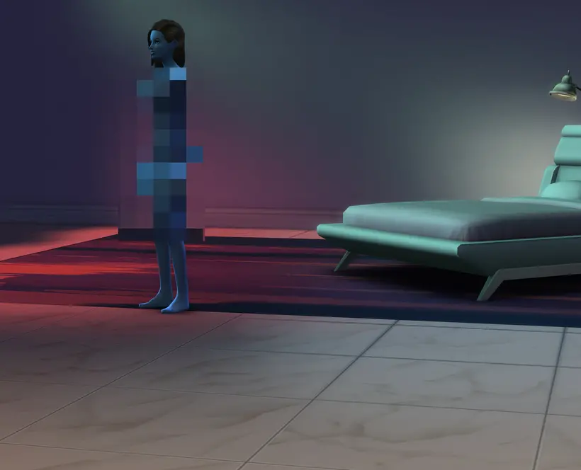 a 3D rendered bedroom where a woman is standing naked. Her naked body is censored through pixelation 