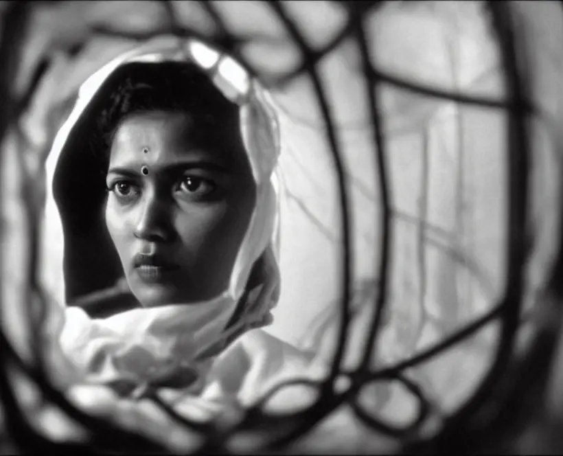 A black and white image of a woman with two bindis, a dot in the forehead, and a blurred background