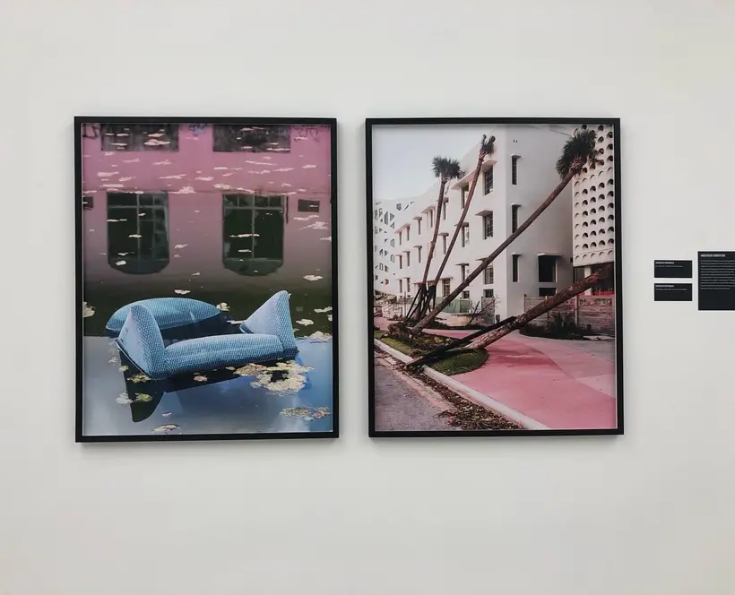 Two images, the first of blue furniture submerged in flood water, the second of palm trees and a pink street 