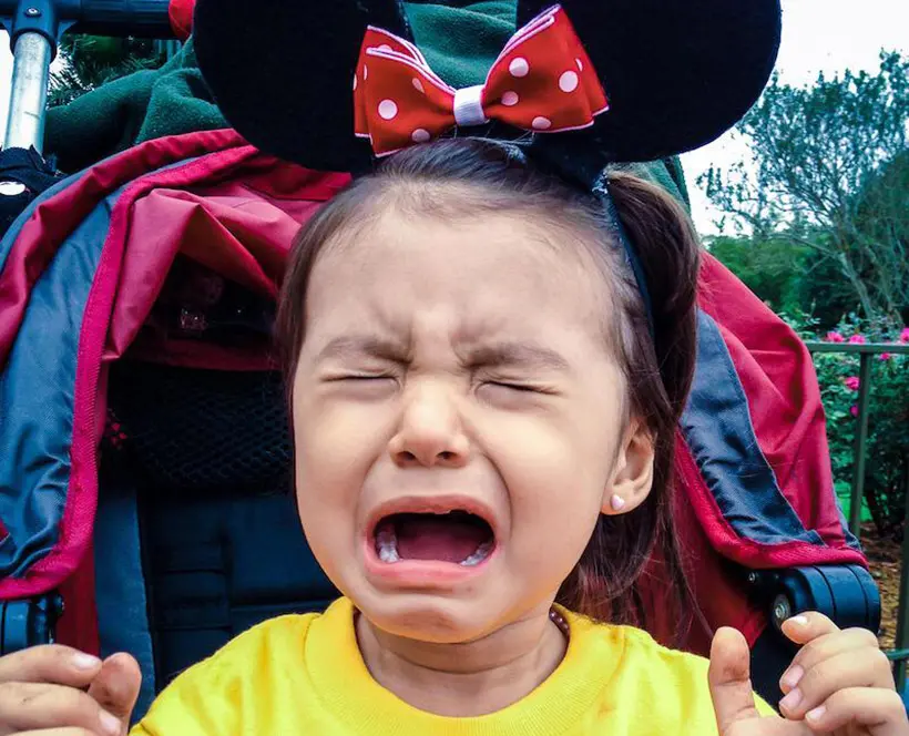 A child has a tantrum while wearing Minnie Mouse ears