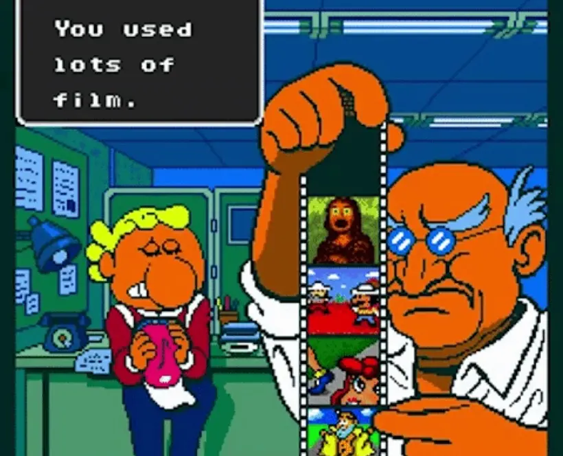 A still image from a video game in which a person is looking at a film strip while another person in the background looks scared. Text on the top left reads: 131 photos, 14 good