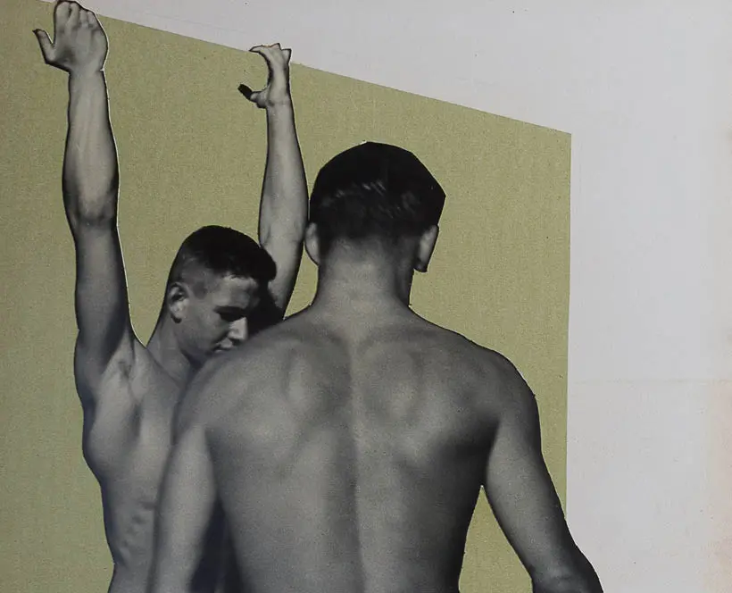 Photo collage of two naked men standing, one with back towards the camera