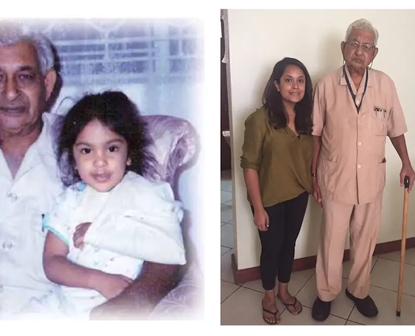 Bindi Vora shares two photographs of her with her grandfather, at different stages of their lives. On the left is her and her grandfather when she was a child, on the right is them more recently when she is an adult. 