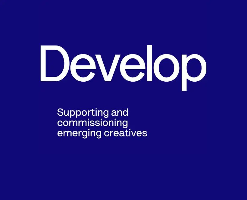 A blue and white graphic with the words Develop, supporting and commissioning emerging creatives