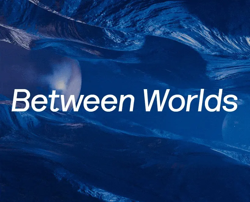 Gif of two images. The first of a blue digital world with the words 'Between Worlds' over it and the other of a person giving an exhibition tour in a Gallery space with the words 'Evelyn Hofer' over it